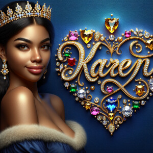 Craft a 3-D image showcasing the name 'KAREN' in a luxurious gol...