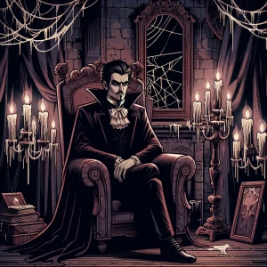 A melancholic vampire sitting in a high-backed chair, surrounded by cobweb-covered candelabras. The room is filled with heavy drapes, ancient paintings, and a cracked mirror that reflects only the empty chair