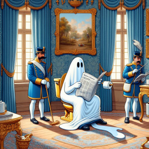 This humorous cartoon depicts a scene of a ghost  in an unconven...