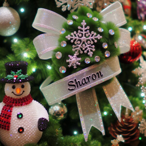 crystallized ribbon name *sharon* wrapped around a christmas tre...