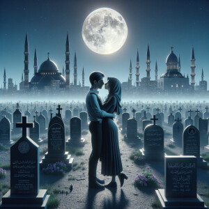 Cemetary two lovers making lover full moon in the sky gravestones