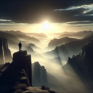 A lone figure stands at the edge of a sprawling cliff, their sil...