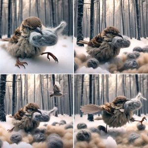A hardworking sparrow clutches a wool-textured, tattered paper t...