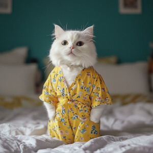 A white cat wearing a yellow floral patterned nightgown is stand...