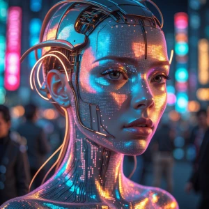 In the heart of a bustling cyberpunk city, a holographic exhibit...