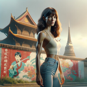 Athletic Thin skinny Attractive, Asian teenage girl, long brown hair and bangs, wearing tight skinny jeans and a halter top paint marks on her clothing, heroic pose Asian graffiti background, side view