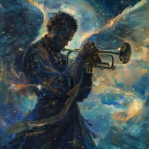 Black man angel looking at the earth with a trumpet