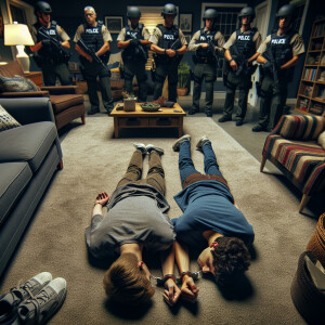 two caucasian male teens handcuffed, laying flat face down on th...