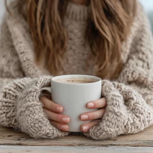 A young woman with long wavy hair wearing a chunky beige sweater...