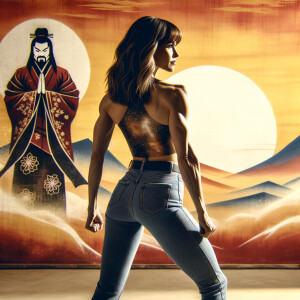 Athletic Thin skinny Attractive, Asian teenage girl, long brown hair and bangs, wearing tight skinny jeans and a halter top paint marks on her clothing, heroic pose Asian graffiti background, backside view