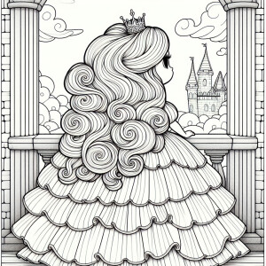 Simple lines coloring book white background, a princess standing...