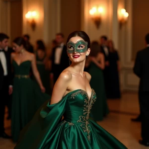 "In the opulent ballroom, a masked beauty captures every gaze, h...