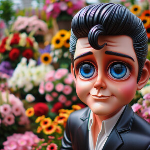 Elvis Presley doll with huge blue eyes flowers in the background