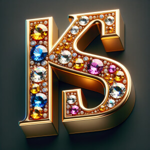 Create a 3-D realistic image with the letters  K.S. in gold raised letters , Add diamonds and colorful jewels