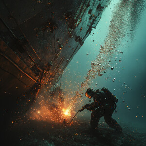 An underwater scene with a ship's hull in the background, an und...