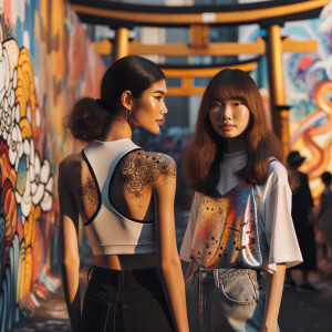 Athletic Thin skinny Attractive, Asian teenage girl, long brown hair and bangs, wearing tight skinny jeans and a halter top paint marks on her clothing, heroic pose Asian graffiti background, backside view