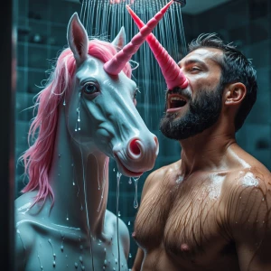 Imagine the unicorn man who’s taking a shower and he’s turned on when he realizes, that the guys dick next to him is rock hard cause he’s spying on his hung horsehood making unicorn man ooze from his impressive horse dick making him shot that iridescent color cum of his all over his hairy pecs