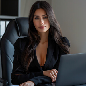 Fair-skinned woman with dark long hair, elegant and composed, si...