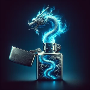 Photorealistic image of an antique silver lighter. The flame, bu...