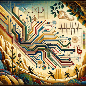 The golden ratio, Minimalist art Circuit, boards, circuitry, diagrams Cellular structures, DNA, circuit boards, colorful wires,  asian and Egyptian  graffiti, lie detector graphs, cardio, printout , branches infinity sign, cave, Art, handprints, distant birds flying, flowering vines, abstract gestural painting, dna