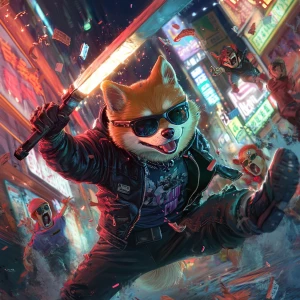 BONK meme Shiba Inu dog wearing sunglasses and a leather jacket,...
