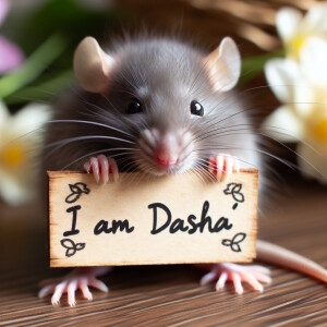 A rat holds a sign "I am Dasha" in his hands