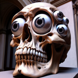 Skull with bulging eyes in a surreal style