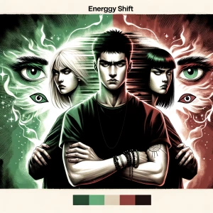 Silhouettes or blurred faces of two “jealous” looking figures—ma...