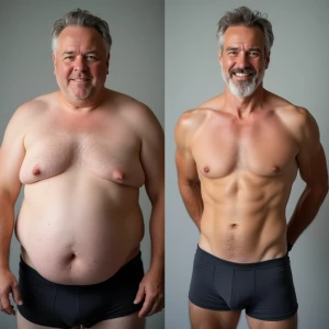 Create a side-by-side close up image of a man in his mid-forties...