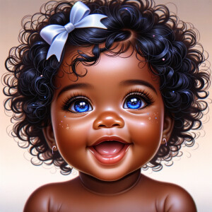 "Create a digital portrait of an adorable african-American baby girl with a joyful expression. Her big, bright blue eyes are wide with wonder, and her tiny mouth is shaped in a happy grin. Her skin has a warm, honey-brown tone, and she has an abundance of curly black hair, playfully tied up with light blue bows. The background is soft and neutral to keep the focus on her delightful features. The portrait should be vibrant and heartwarming, celebrating the innocence and charm of childhood."