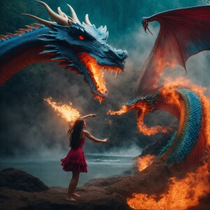 A female water fairy fighting a fire dragon