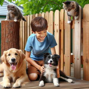 A little boy with 2 dogs and one cat