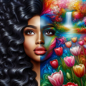 Create a digital artwork showing a half-portrait of a light-skin...