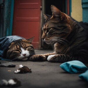 cat giving birth whilst a homeless bum of a cat looks on in fear...
