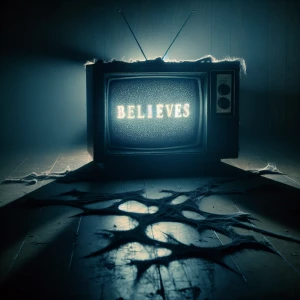 A tube tv in a scary environment that says the word “BELIEVES” o...