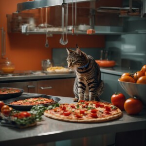 A robotic cat in a futuristic kitchen preparing a pizza with var...