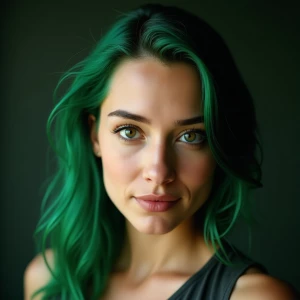 A stunning 22yo European female, green hair and green eyes.