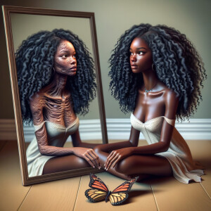 Create a 3-D realistic beautiful African-American  women with thick curly black hair
Looking at herself in the mirror, but the reflection she sees is a child, and she is no longer beautiful. She is ugly with scars. There is a fallen butterfly.