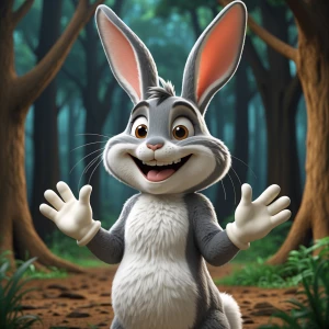 “Anthropomorphic cartoon rabbit with long floppy ears, white glo...