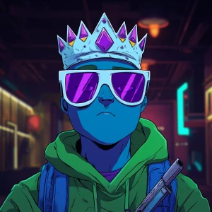 Create an image of a cartoon-style character with a blue face, w...