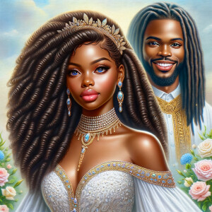 Create a 3-D realistic oil, painting of a beautiful African-American bride. She has long flooring, wavy hair and her gown has beautiful jewels around the neckline. in the background there is a beautiful African-American Jesus Christ with long dreadlocks, and he is smiling. He is very handsome pastel flowers throughout the image.