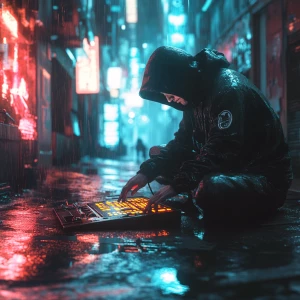 Dramatic splash art. A lone cyberpunk hacker sits hunched over a...