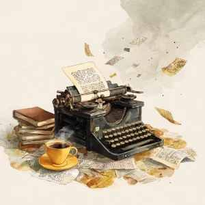 whimsical vintage illustration of a dusty old typewriter surroun...