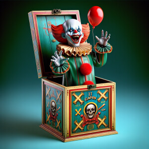colorful antique jack-in-the-box toy. A macabre clown figure res...