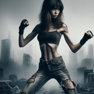 Skinny and thin Asian teen girl wearing skin tight jeans that are worn and frayed, long hair and bangs heroic ready to fight stance