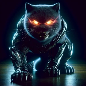 Generate an image of a menacing, demonic cat with glowing eyes,...