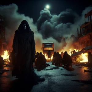 Design a high-definition, cinematic image of a villain walking o...