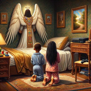 An oil painting of two African-American children with dark skin,...