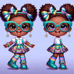 A chibi-style image of an African American 3-year-old girl, stan...