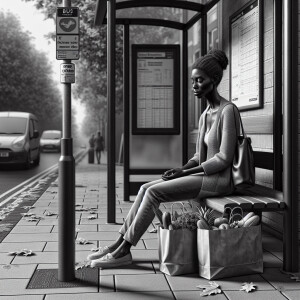African-American woman at the bus stop with groceries